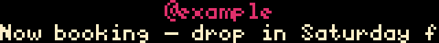 two_row at scale=1 — top: @example (IG magenta), bottom: scrolling promo (cream); rendered locally so the marquee completes one full pass