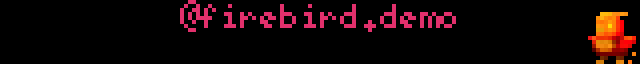 phoenix on the right, held magenta `@firebird.demo` on top, cream promo scrolling fully offscreen-to-offscreen on the bottom — keeps cycling within `hold_time`