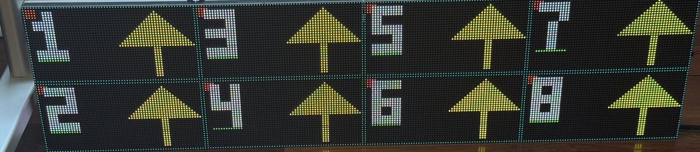 The bigsign panels under reveal: top row reads 1 3 5 7, bottom row 2 4 6 8, each with a yellow up-arrow, a corner dot, and an underline beneath the digit.