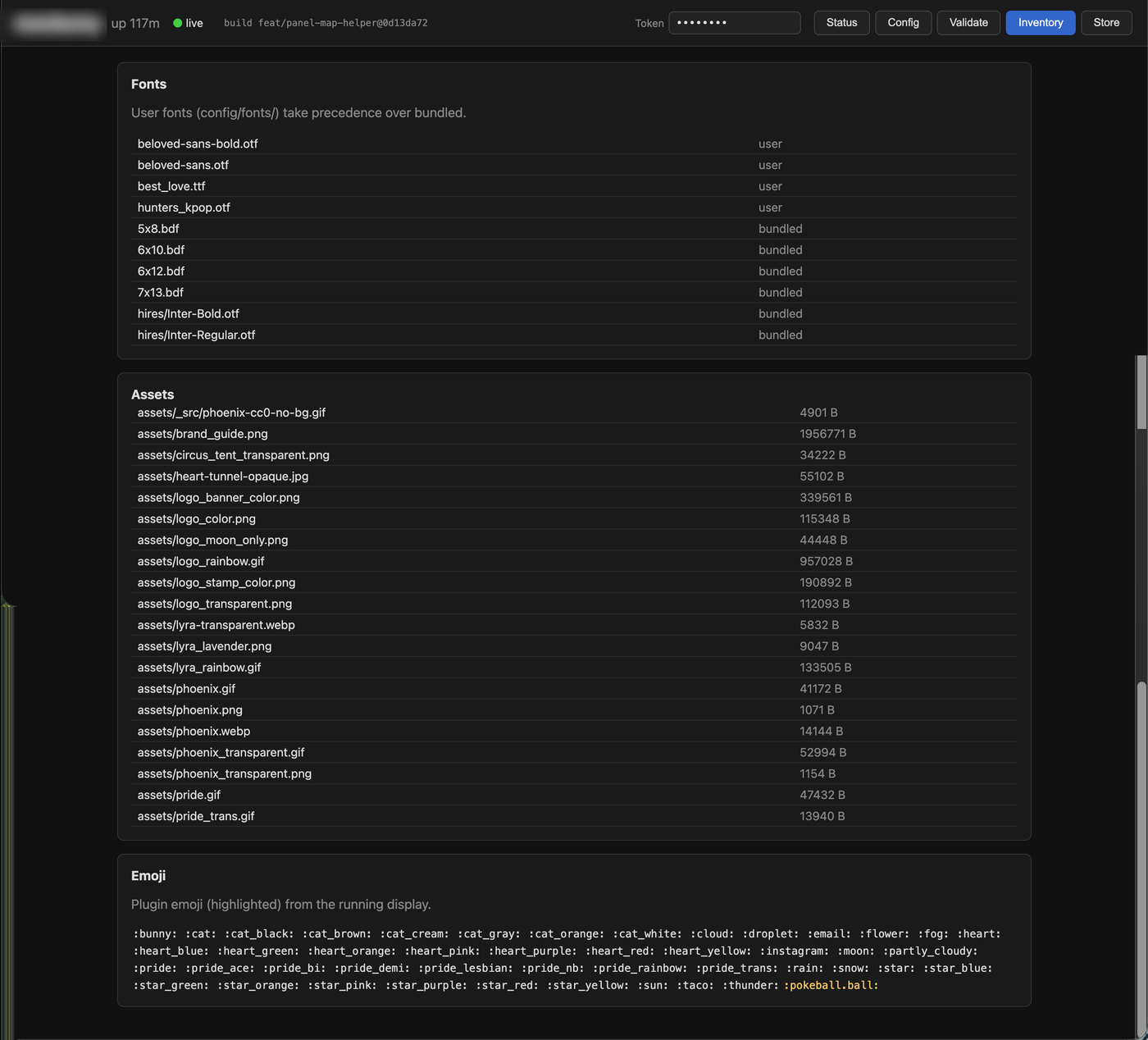 The web UI Inventory tab — lists of the fonts, image and gif assets (with file sizes), and emoji slugs found in the config directory.