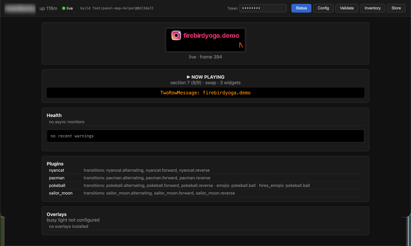 The web UI Status tab — a live browser preview of the sign, the now-playing widget, section health, and the loaded plugins.
