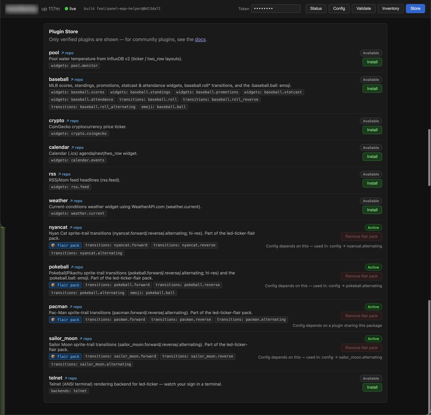The web UI Store tab — the plugin catalog with each plugin's state (active, queued, or available) and Install or Remove buttons.